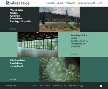 Vihreä taide -sivuston aloitusnäkymä, luontokuvia ja tekstejä