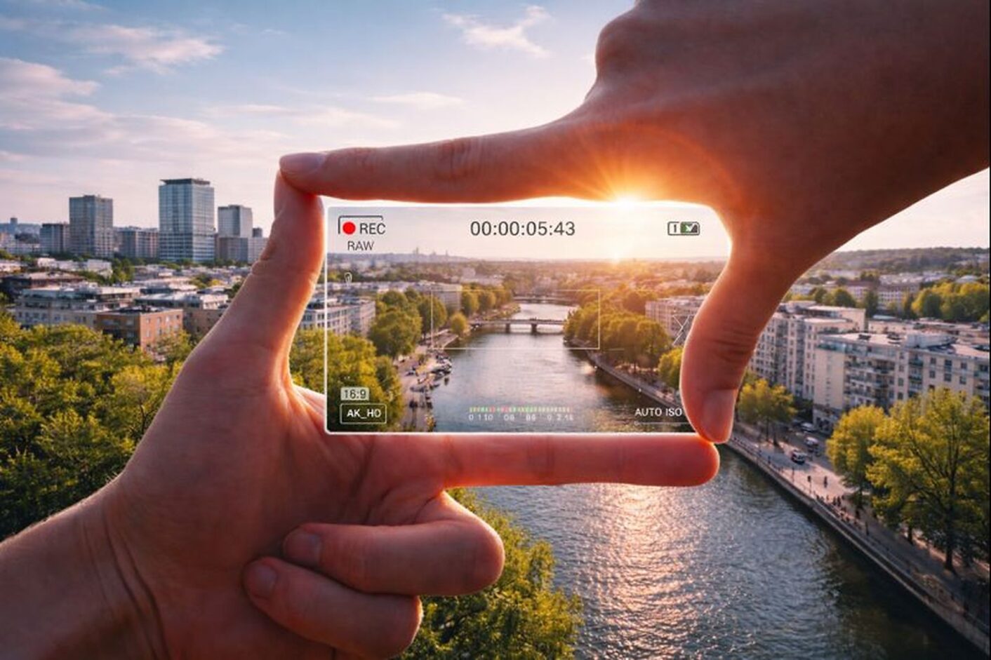 helicopter view over city, in the middle the fingers form a camera screen