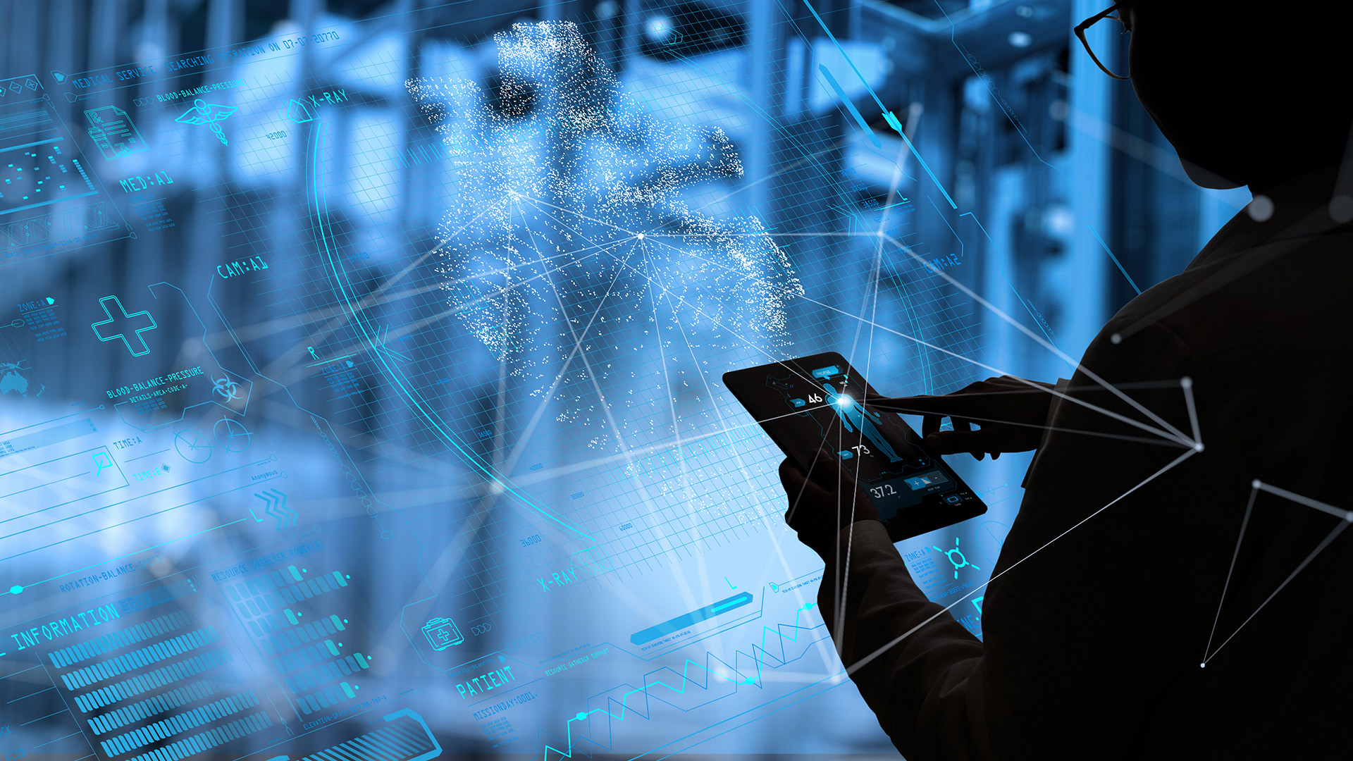 Sinitaustainen abstratkti kuva, jossa henkilö pitää tablettitietokonetta käsissään