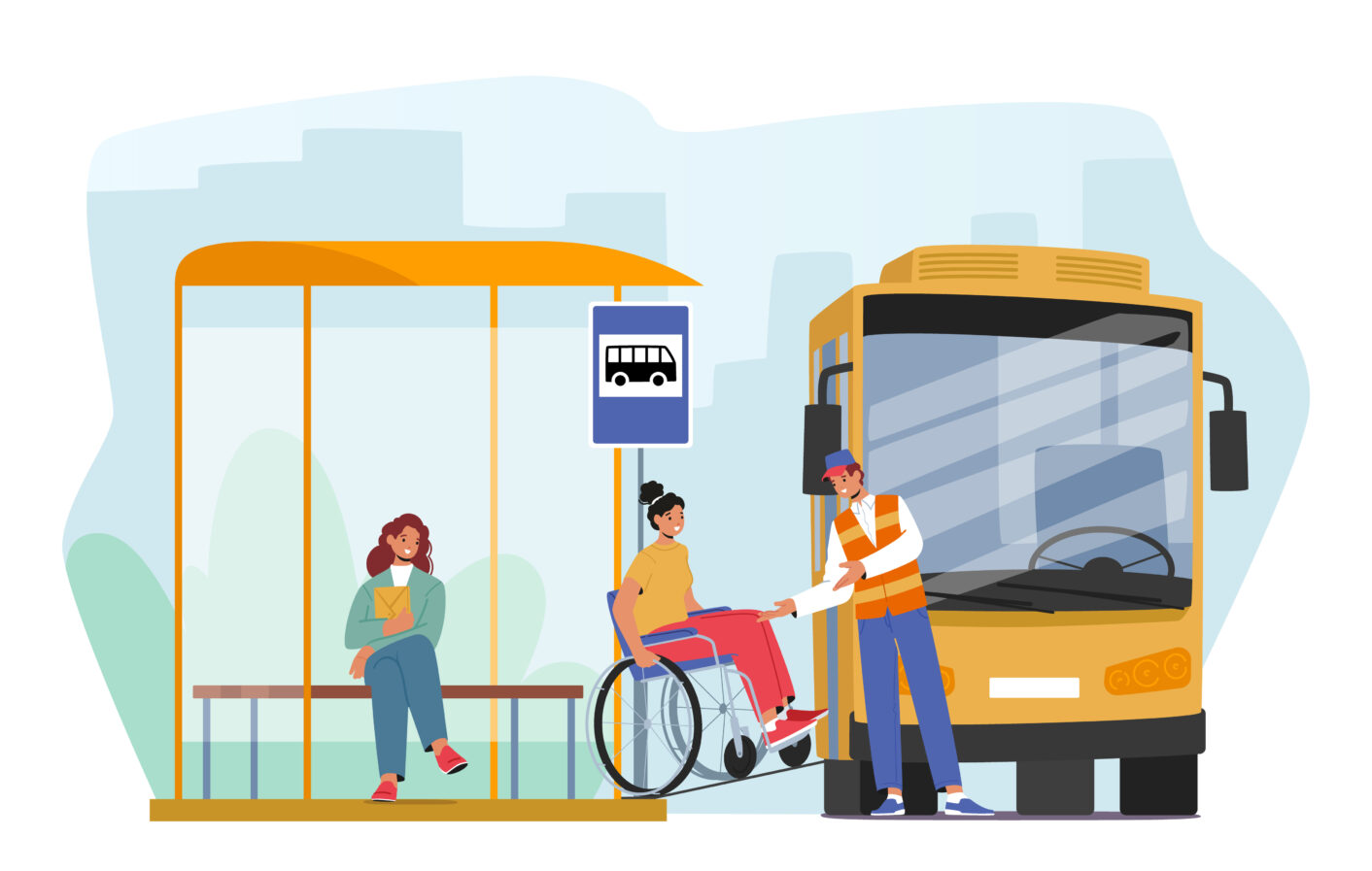 Female Character on Wheelchair Use Ramp To Access Bus. Accessibility And Inclusivity And Concept for Public Transportation Services Or Advocating For Disability Rights. Cartoon Vector Illustration