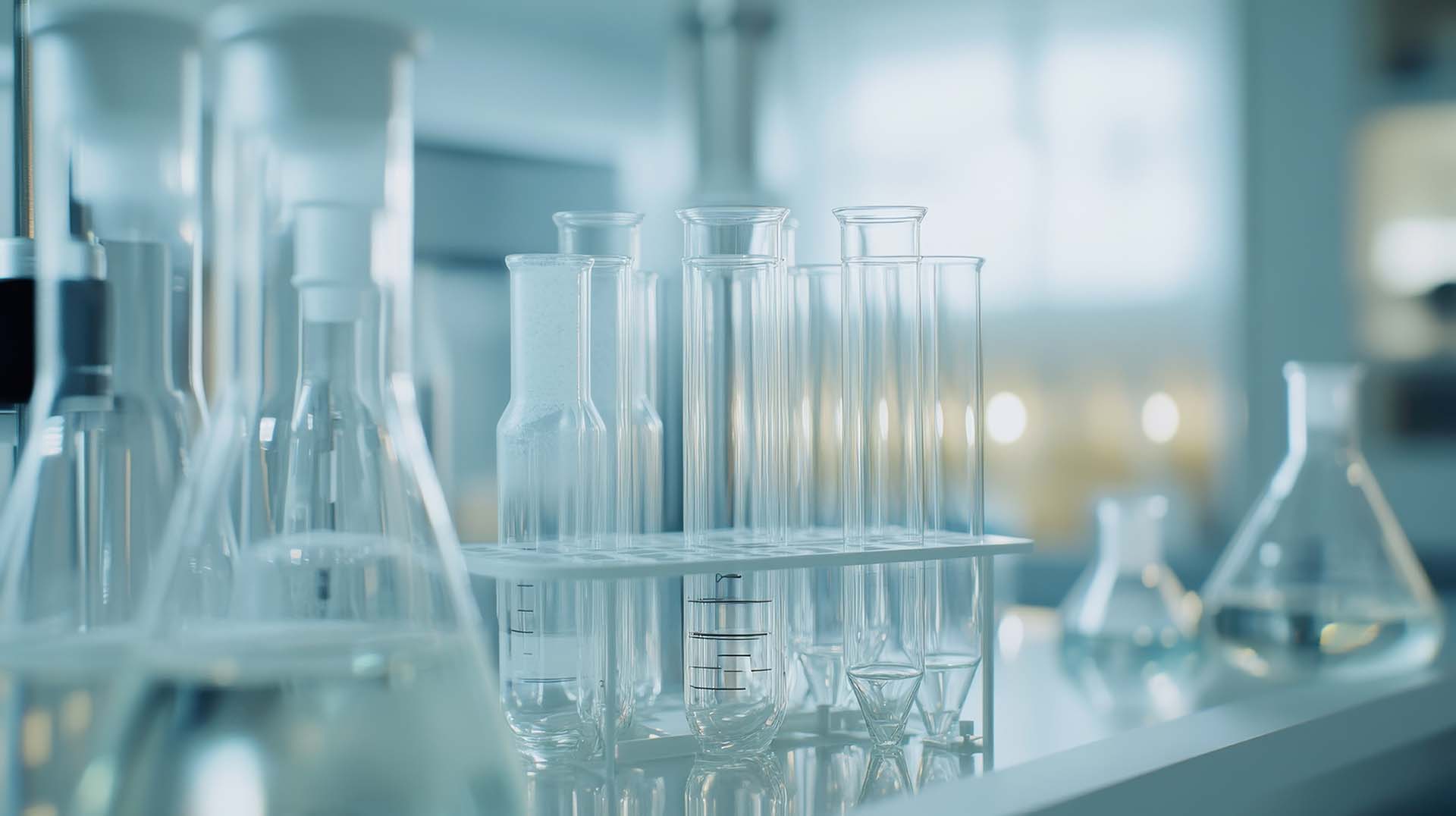 Laboratorio, koeputkia ja lasiastioita