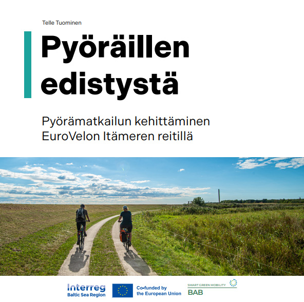 Teksti: pyöräillen edistystä ja kuva maaseututieltä, jossa on kaksi pyöräilijää.