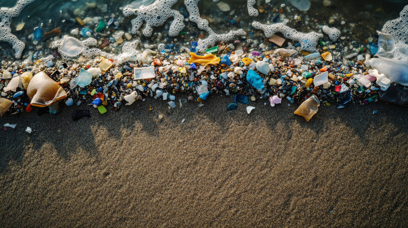 beach sand with plastic bottles and trash