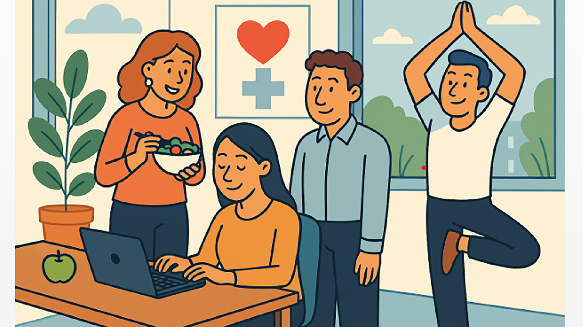 Piirretty kuva, jossa neljä ihmistä