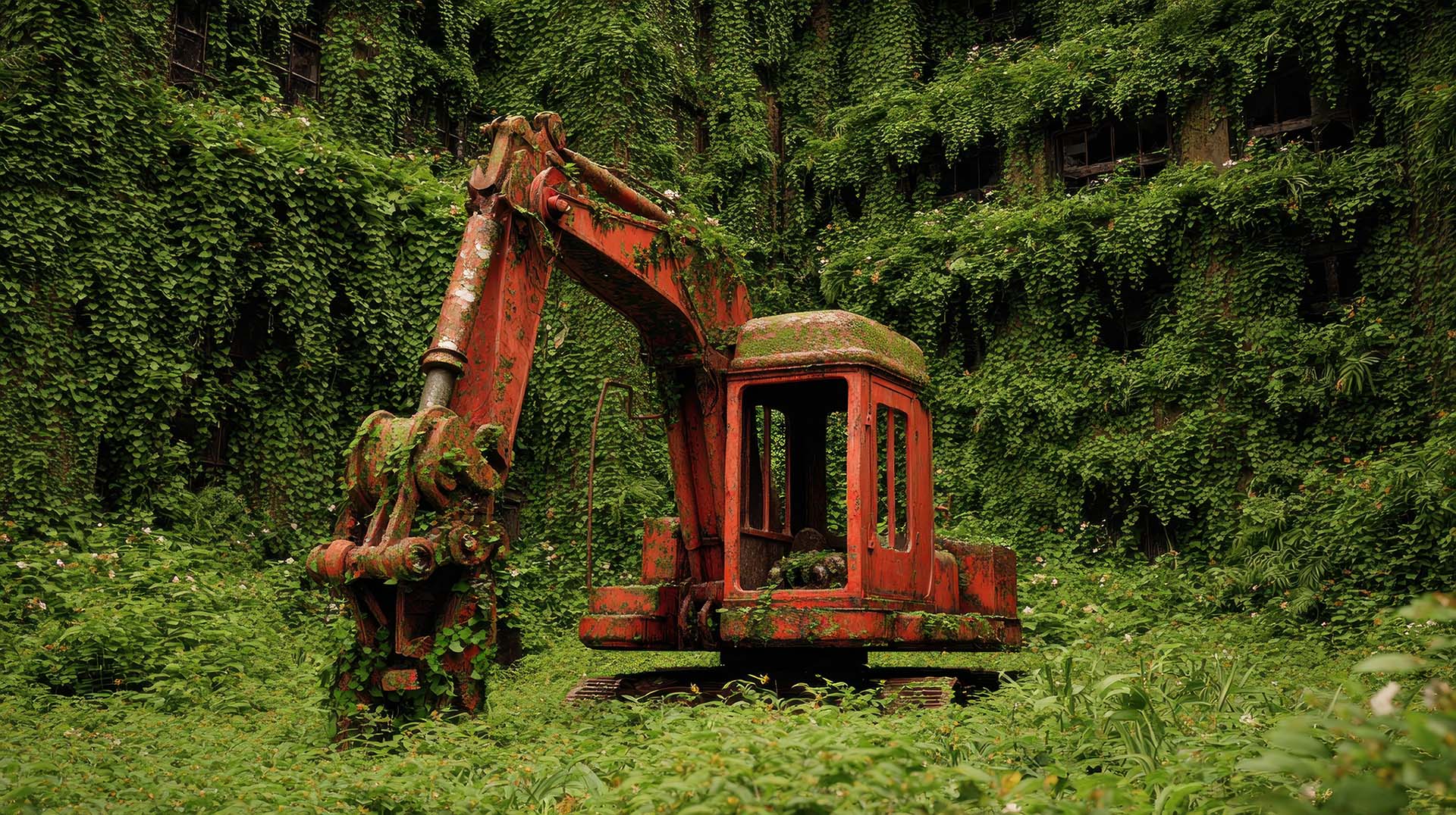 Rusty red excavator in the middle of the vegetation