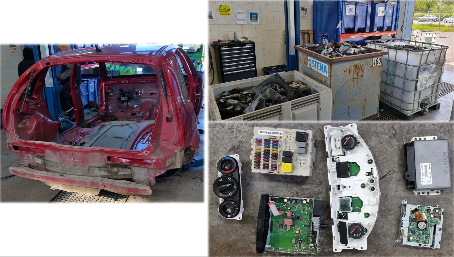 Punainen auton runko, erillisissä kuvissa lajiteltuja käytettyjä auton osia