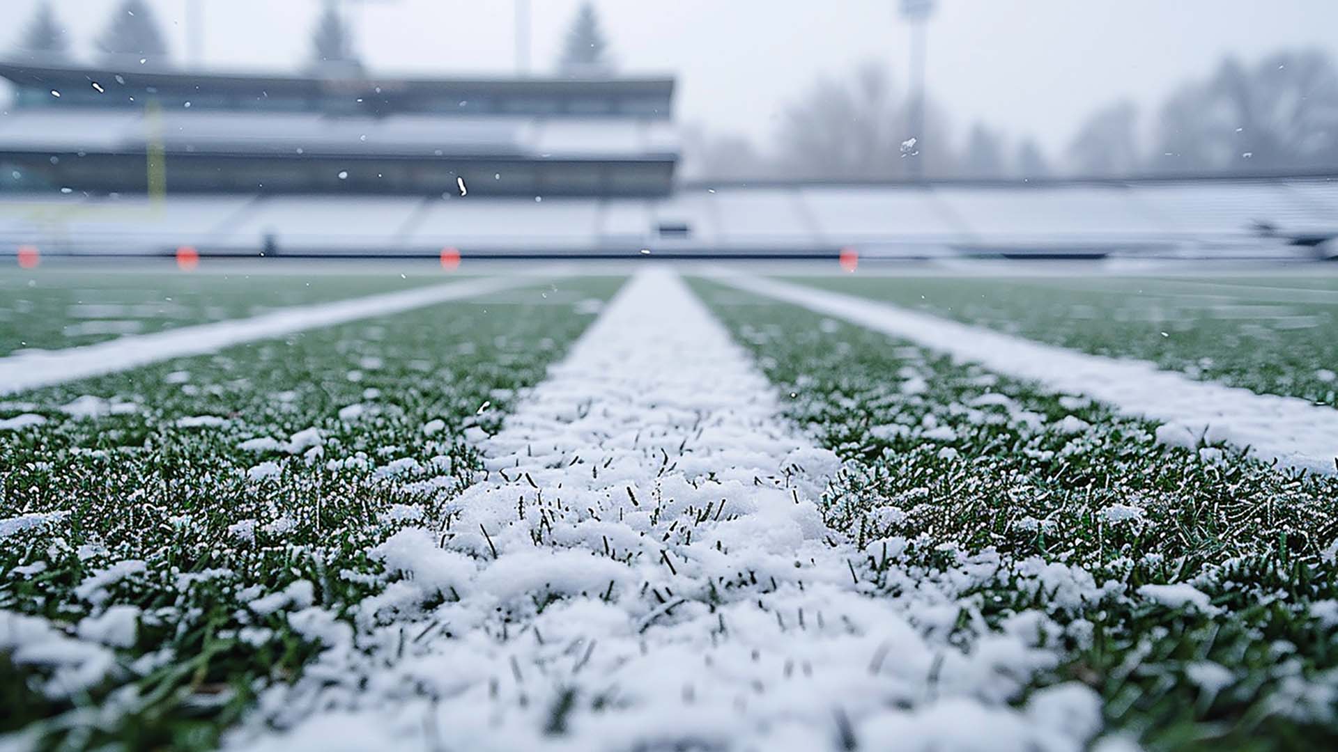 Jalkapallokentta, nurmen pinnalla hieman lunta