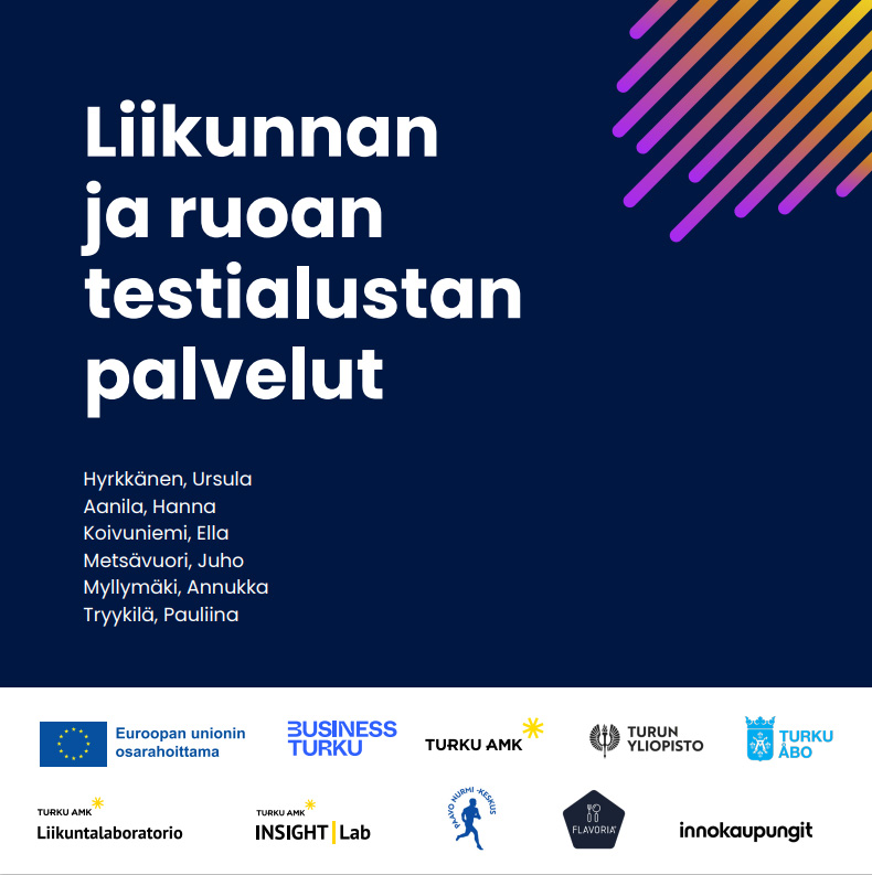 Sinisellä pohjalla tekstiä: Liikunnan ja ruoan testialustan palvelut. Oikeassa yläkulmassa lyhyitä liila-oransseja viivoja.