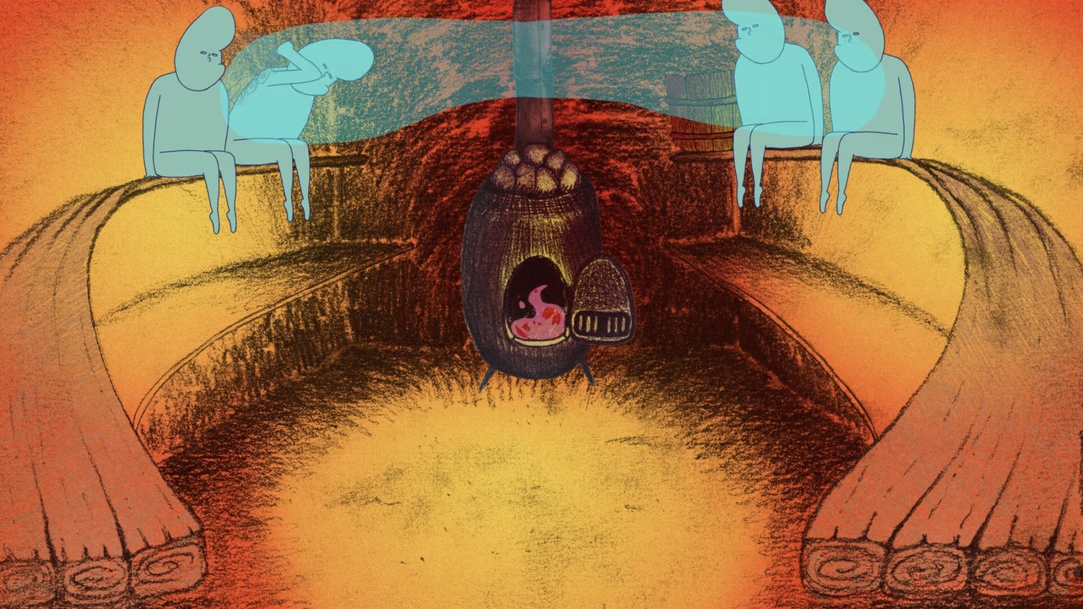 piirroshahmoja saunan lauteilla