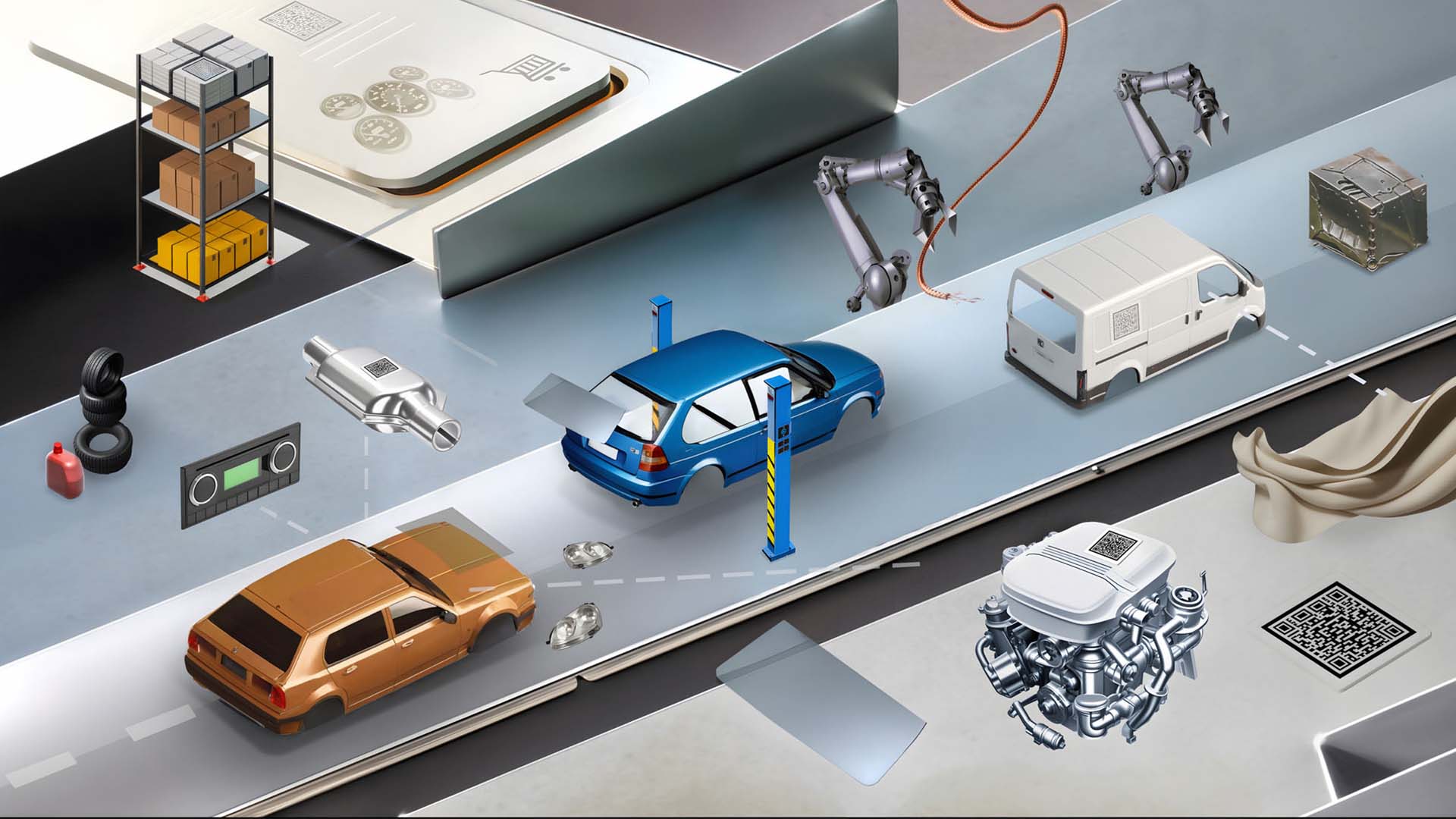 Autoja jonossa autonpurkulinjalla, piirretty kuva