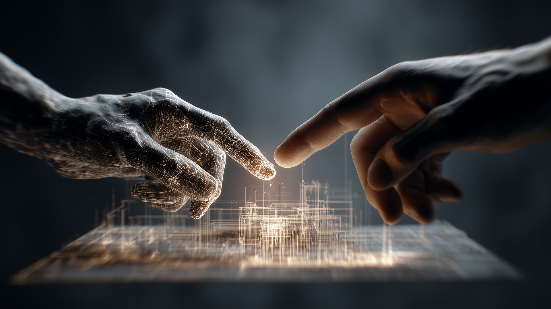 Kaksi kättä vastakkain, etusormet lähes yhdessä. Toinen käsistä on tekoälyn luoma