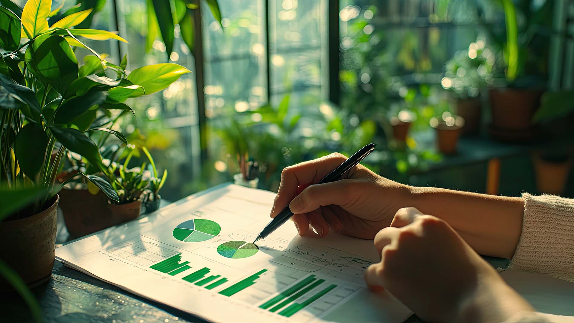 Etualalla kädet ja vihreitä graafeja, pylväitä ja ympyröitä. Taustalla vihreita kasveja