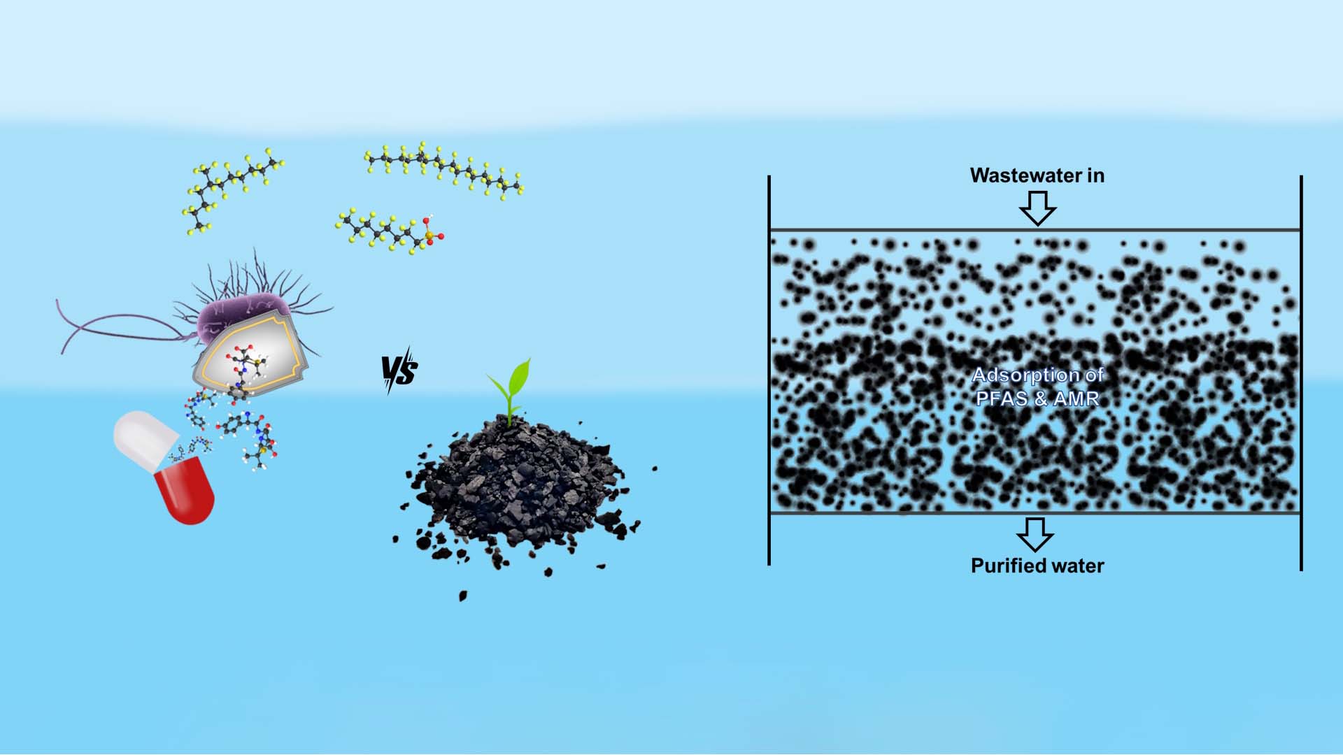 The diagram illustrates the purification of water