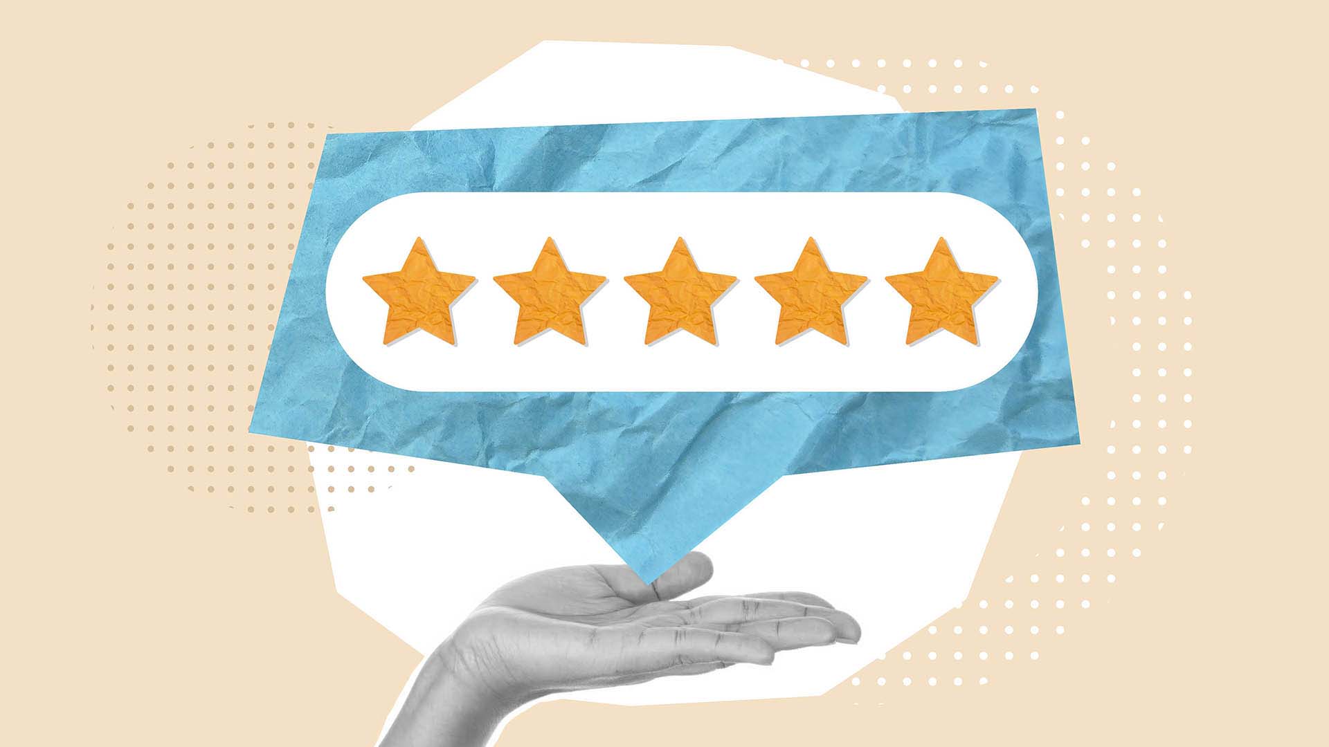 Harmaan kämmenen päällä sininen puhekupla, jossa 5 keltaista tähteä