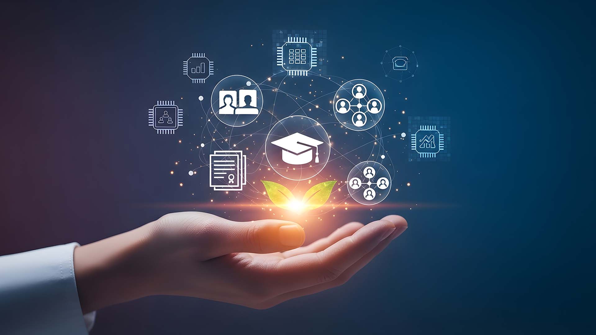 avoimella kämmenellä opiskeluun ja digitaalisuuteen liittyviä symboleita sekä pieni vihreä taimi