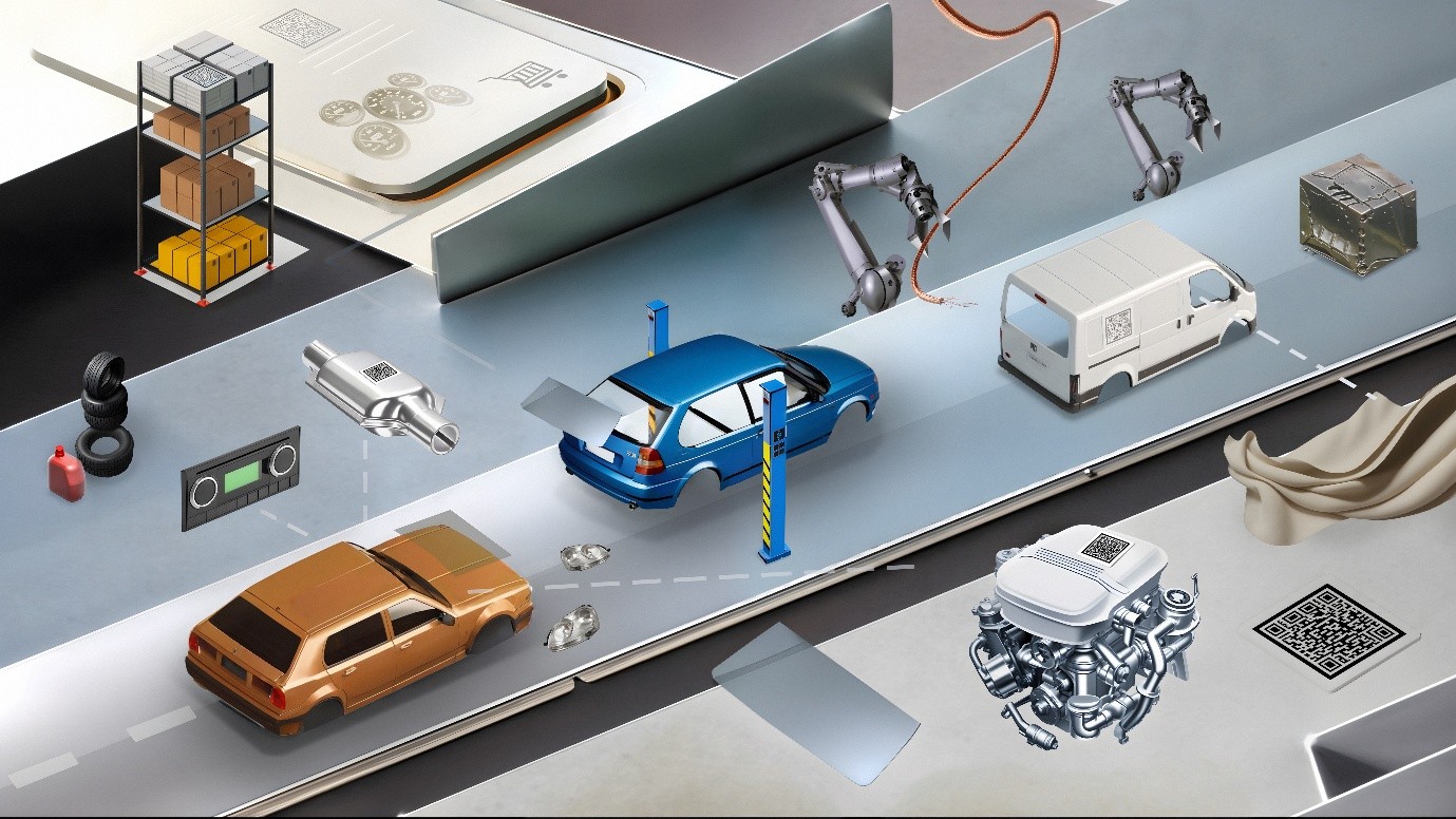 Piirroskuva autoista purkulinjalla, linjan vieressä automaattisia laitteita.