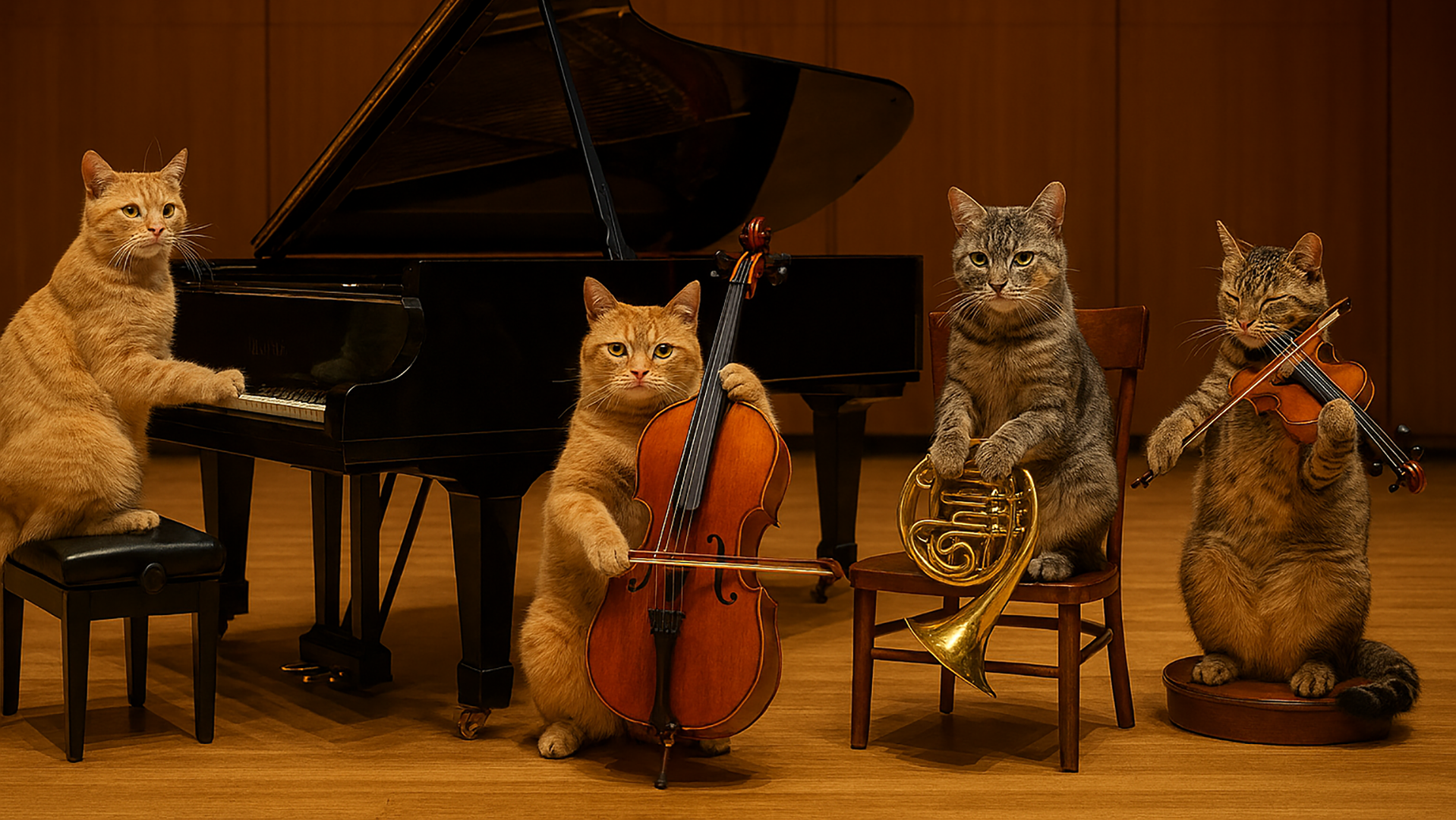 Neljä kissaa soittamassa eri soittimia.
