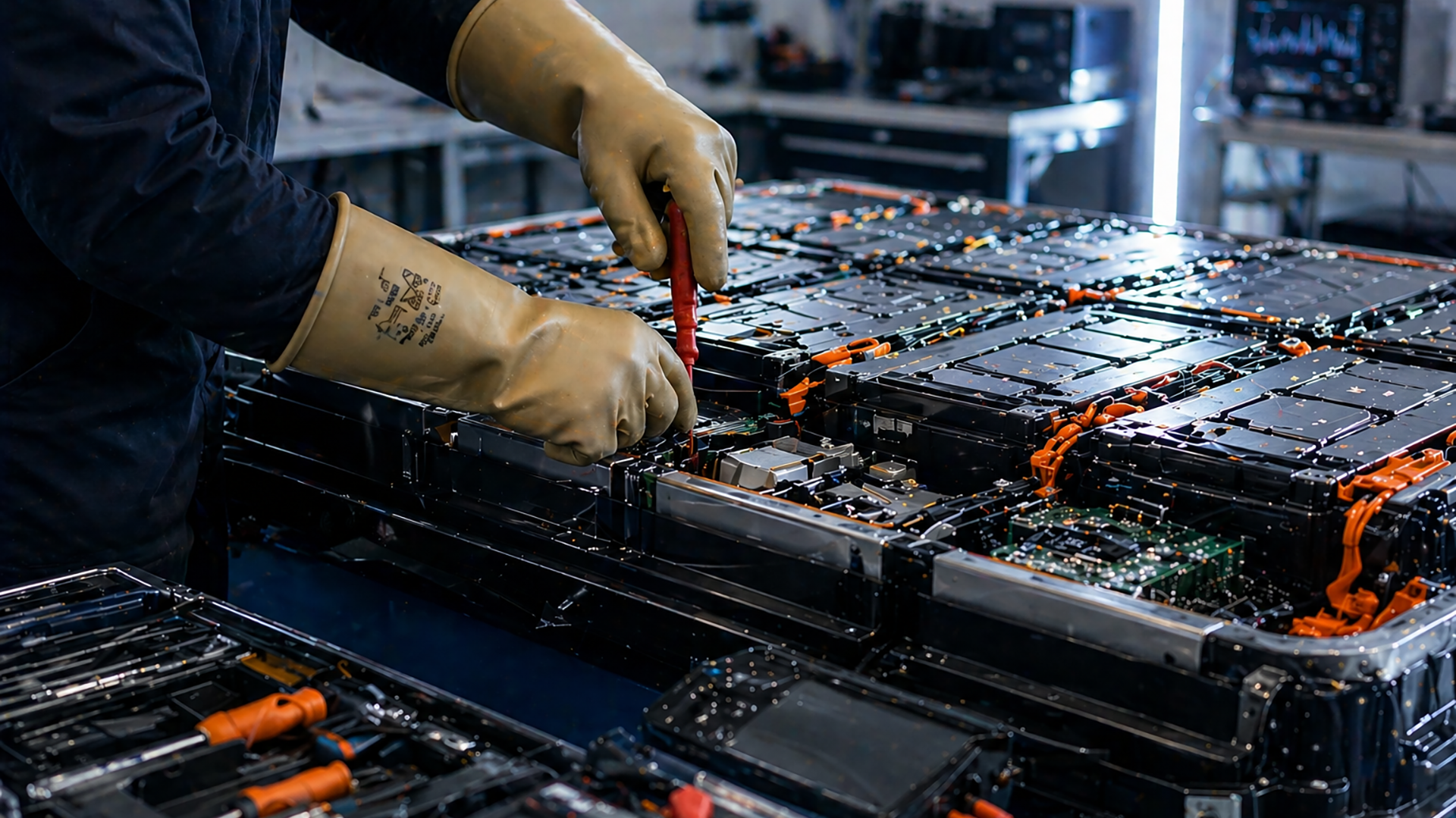 Akun huoltoa, kuvassa näkyy akkuja ja kädet, joissa työkäsineet