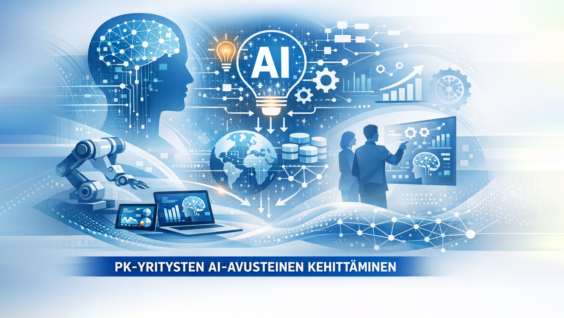 Tekoälyllä piirretty kuva, jossa keskilllä lamppusymboli, jonka sisällä "AI". Lisäksi muuta tekoälyä kuvaavaa ja kuvan päällä projektin nimi.