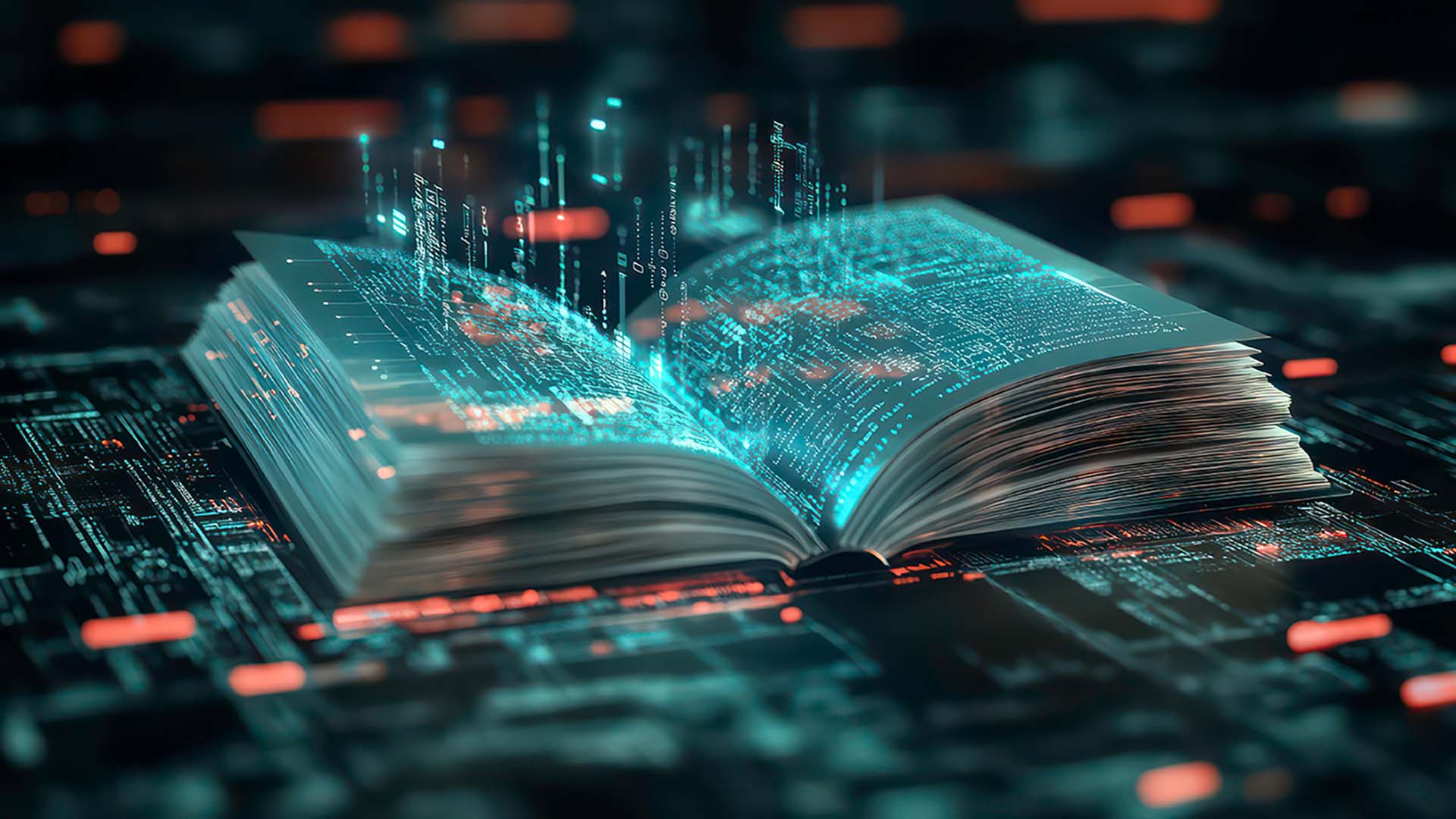 Avoin kirja, jonka sivut muuttuvat digitaalisiksi tietovirroiksi, edustaen teknologian ja koulutuksen integrointia tekoälypohjaisissa opetustyökaluissa.