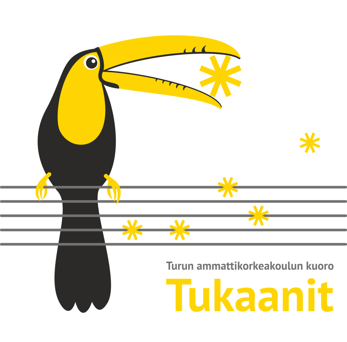 Turun ammattikorkeakoulun kuoro Tukaanien kuvake, jossa tukaanilintu AMK:n aurinko suussaan istuu nuottiviivastolla